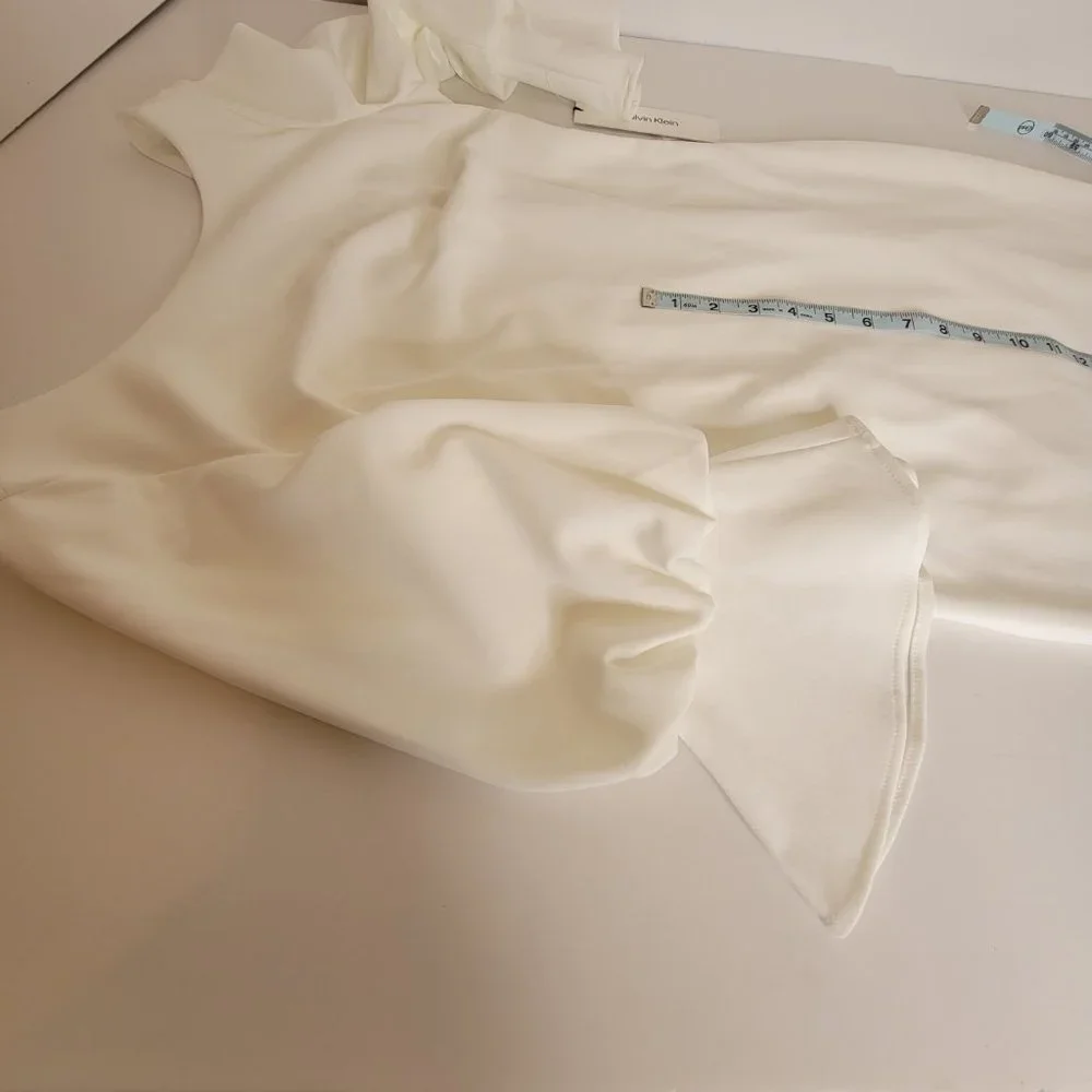 Calvin Klein Bell & Bubble Sleeve Fitted Sheath Dress Size 4 Wht Deep V-Back NWT - Picture 8 of 12